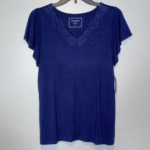 Charter Club Lace-Trim Printed Pajama top(top only) Navy Small